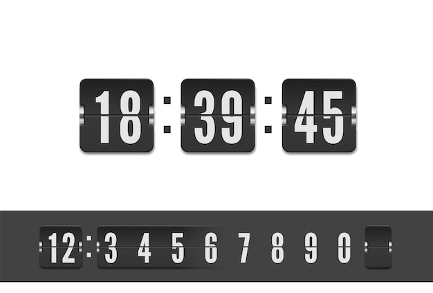 Timer per il conto alla rovescia del tabellone dell'aeroporto analogico con ora o minuto numero di caratteri del tabellone segnapunti contatore del tempo del flip clock vintage vettoriale