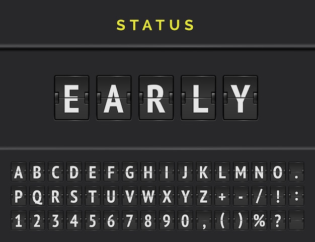 Analog airport flip board with info of departure flight status that coming early with full font.