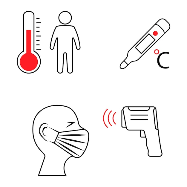 Vector analog, digital and non-contact infrared thermometers. temperature scanning sign. check human body temperature, thin line icon. checkpoint or station for measurement of fever. vector illustration