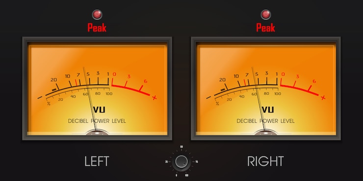 Vector analog vu meter with peak led. decibel power level. a volume unit - vu meter left and right. device displaying a representation of the signal level in audio equipment. illustration