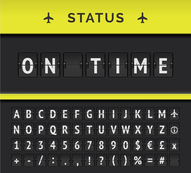 Vector analoge flipboard-dienstregeling met luchthavenvluchtinformatie van vertrekstatus: op tijd, met vliegtuigtekenpictogram en alfabet