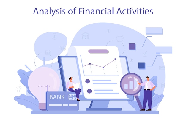 Vector analyse van financiële activiteiten zakelijk karakter dat de financiële operatie van het bedrijf beoordeelt marketingaanbeveling budgettering geïsoleerde platte vectorillustratie