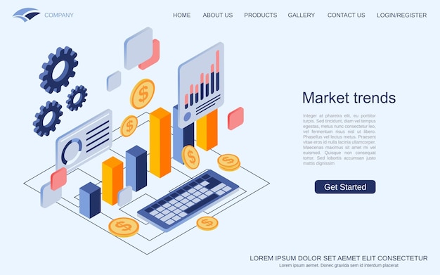 Analyse van markttrends financiële statistieken bedrijfsgegevensbeheer isometrisch vectorconcept