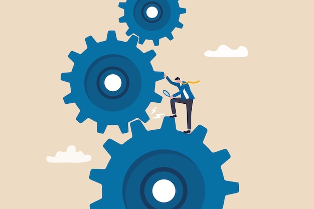 Analyseer het probleem om het proces op te lossen, bedrijfsprobleem op te lossen voor een soepele workflow, projectbeheer of ontwikkelingsconcept, slimme zakenmanleider met vergrootglas om het probleem met tandwielen te analyseren