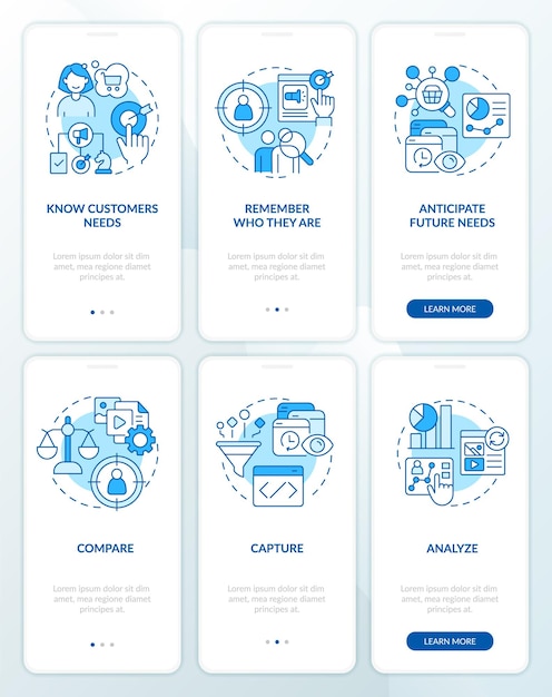 Analyseer klantgedrag blauwe onboarding mobiele app-schermset