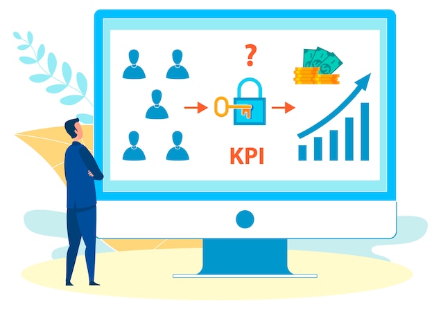 Analysing kpi rates on laptop vector illustration