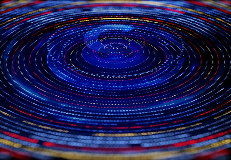 Vector 빅 데이터 분석. 데이터 네트워크 및 정보 기술 벡터 배경입니다. 디지털 비즈니스 웨이브, 미래 과학 분석 및 이진 프랙탈 흐름의 시각적 그래프를 사용한 빅 데이터 분석