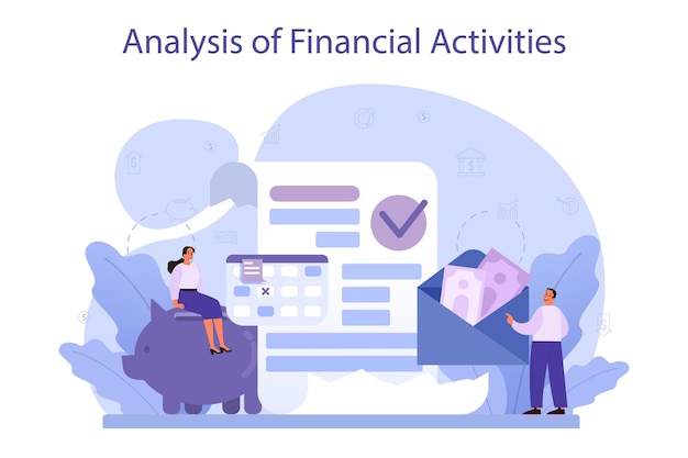 Analisi delle attività finanziarie carattere aziendale che esamina l'operazione finanziaria dell'azienda budget delle raccomandazioni di marketing illustrazione vettoriale piatta isolata