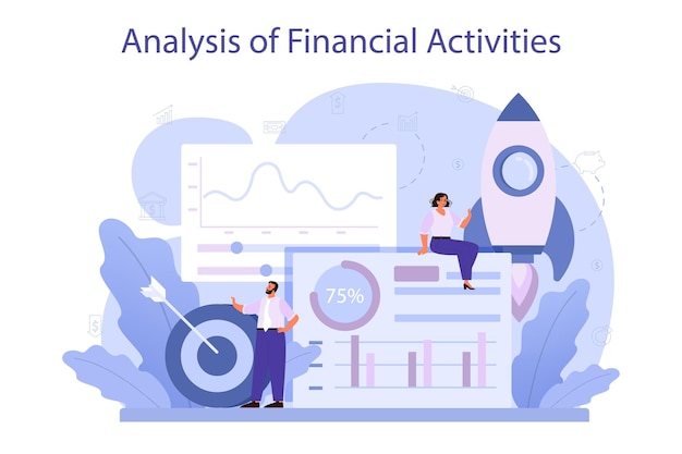 재무 활동 분석 비즈니스 캐릭터 검토 회사의 재무 운영 마케팅 권장 사항 예산 책정 격리 된 평면 벡터 일러스트 레이션