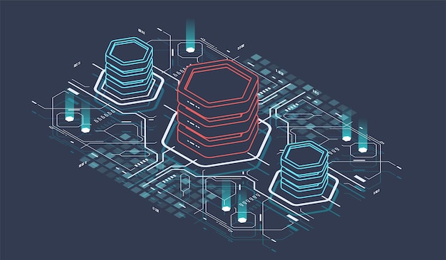 Analysis and information. isometric tech illustration. digital technology web banner. big data processing computing. software development and programming.