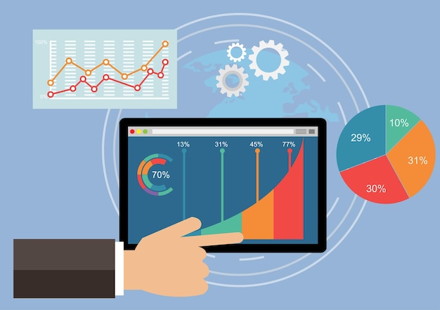 Analysis of market trends on a tablet With line charts and graphs Design a statistical infographic on the screen Mobile technology concept Vector illustration