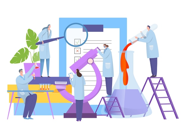 Analysis research in laboratory vector illustration biology scientist character around large