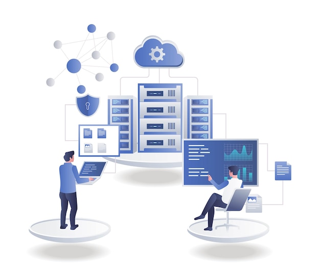 Analyst data cloud server in isometric illustration