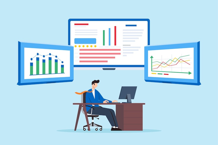 Vector analyst operating control room with financial charts marketing strategy management