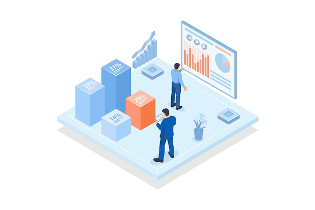 analysts looking at column chart with percentage indicators. Scene for data science and information