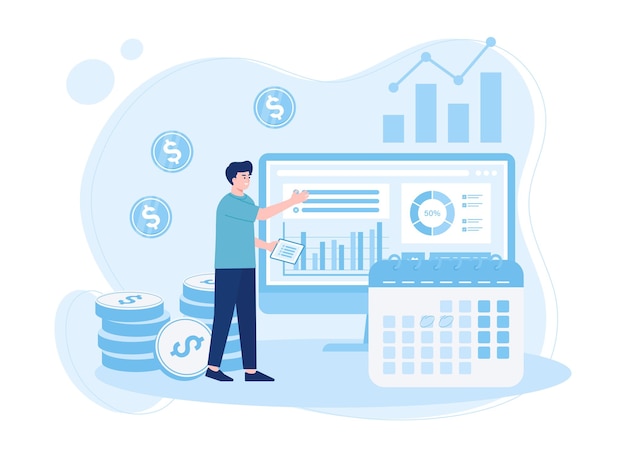 Vector analysts prepare monthly reports calendar chart concept flat illustration