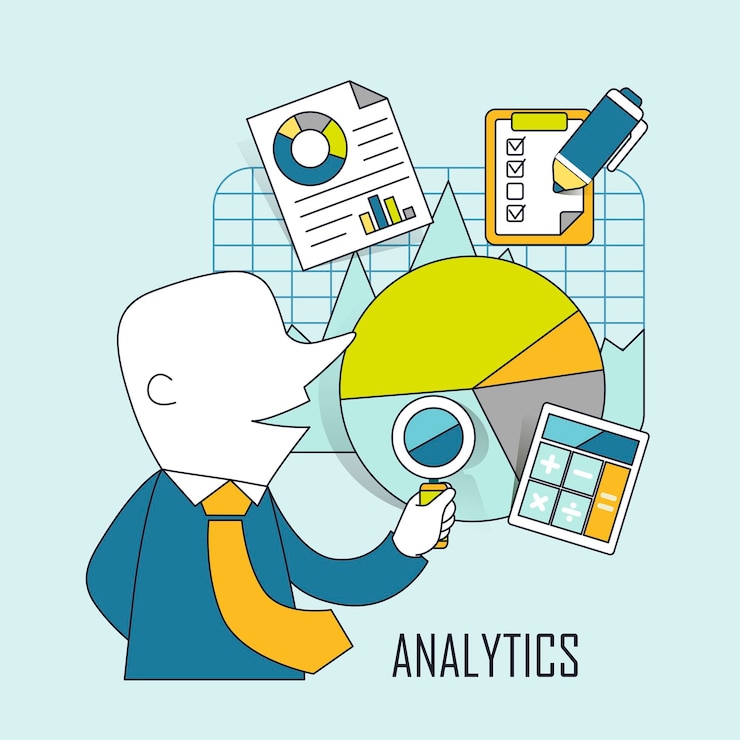 Vector analytic concept: businessman checking data and chart in line style
