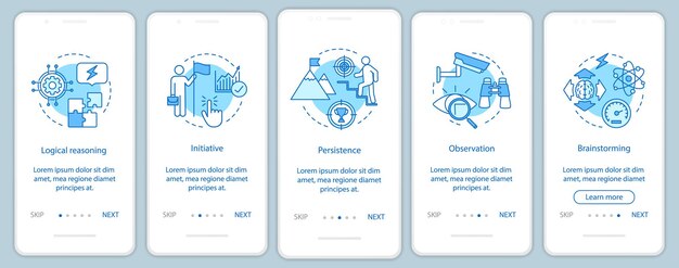 analytical thinking onboarding mobile app page screen vector template. hr soft skills walkthrough website steps. observation, initiative, brainstorming. ux, ui, gui smartphone interface concept