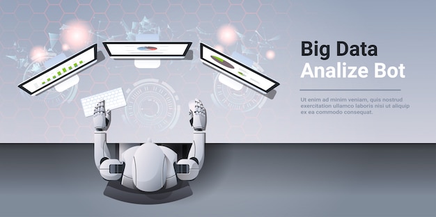 コンピューターモニターのビッグデータの分析ビジネスレポートの財務結果ボットコンセプトロボットを分析します。