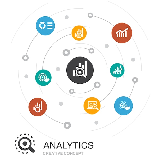 Analytics colored circle concept with simple icons Contains such elements as linear graph web research trend monitoring icons