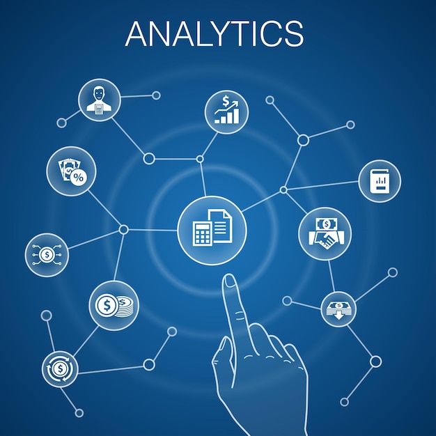 Analytics concept blue background linear graph web research trend monitoring icons