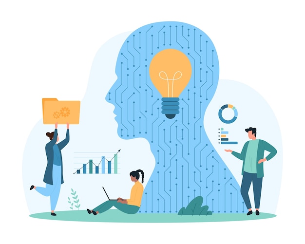 Analytics and creative tech ideas tiny people work on data research with ai inside head