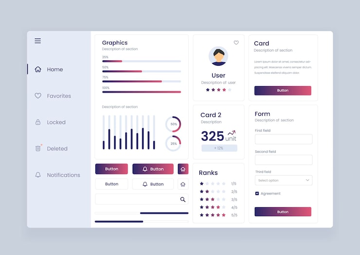 Vector analytics dashboard user interface with diverse data visualization analytics dashboard user interface that includes a variety of charts and tables for efficient data management and monitoring