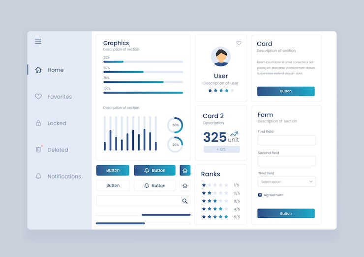 Vector analytics dashboard user interface with diverse data visualization analytics dashboard user interface that includes a variety of charts and tables for efficient data management and monitoring