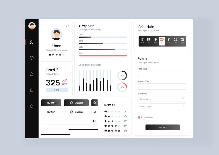 Vector analytics dashboard user interface with diverse data visualization analytics dashboard user interface that includes a variety of charts and tables for efficient data management and monitoring