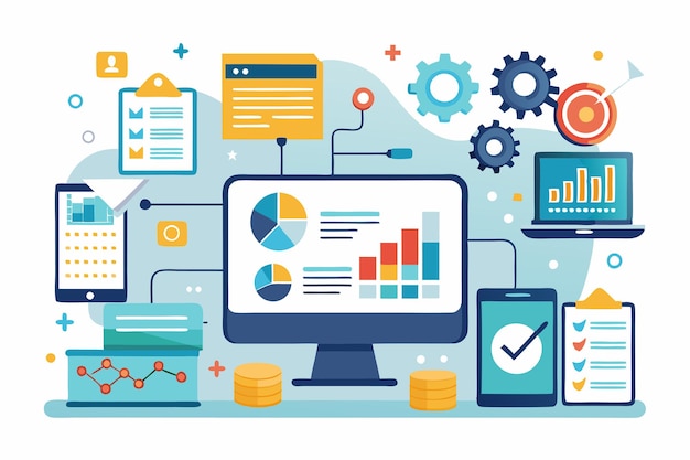 analytics data input is visualized through various devices and charts showcasing current trends in digital analysis data input activities are currently trending and showing no significant change