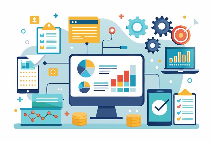 Vector 分析数据输入通过各种设备和图表可视化,展示数字分析的当前趋势. 数据输入活动目前呈现趋势,没有显著变化.