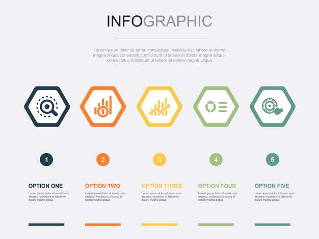 Icone di analisi modello di progettazione infografica concetto creativo con 5 opzioni