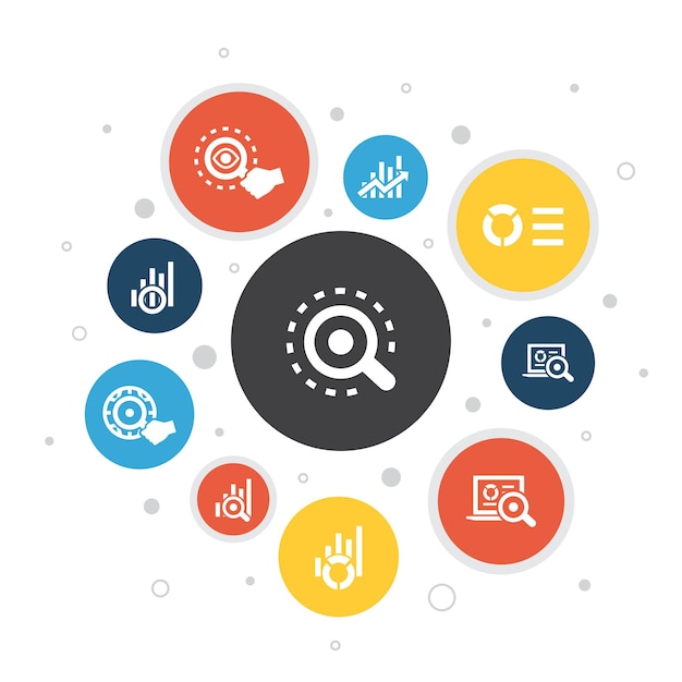 Analytics infographic 10 steps bubble design.linear graph, web research, trend, monitoring simple icons