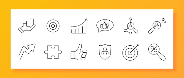 Analytics set icon Hand with bar chart target growth chart thumbs up network search arrow puzzle security bullseye percentage Tools for data analysis tracking and performance evaluation