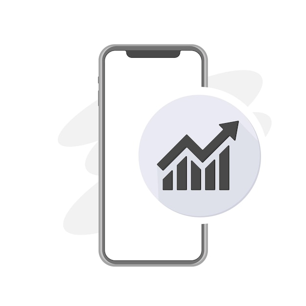 Analytics on smartphone cell phone addiction statistics grey rounded icon diagram with an arrow up increasing vector illustration