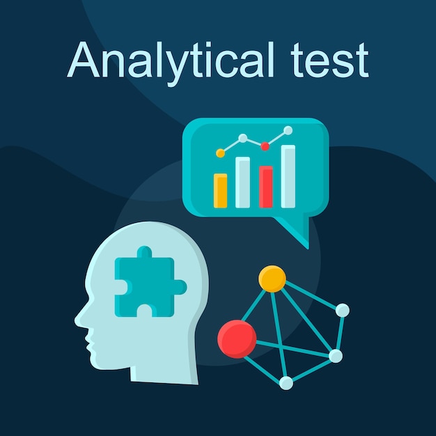 Vector analytische test platte concept vector pictogram. analytische vaardigheden idee cartoon kleur illustraties set. kritisch denkproces. probleemoplossing. zoek oplossing. brainstorm. geïsoleerd grafisch ontwerpelement