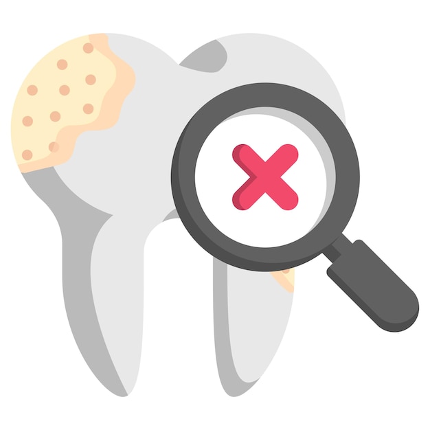 Vector analyzing damaged teeth concept magnifying glass with cross sign and bad tooth vector icon design