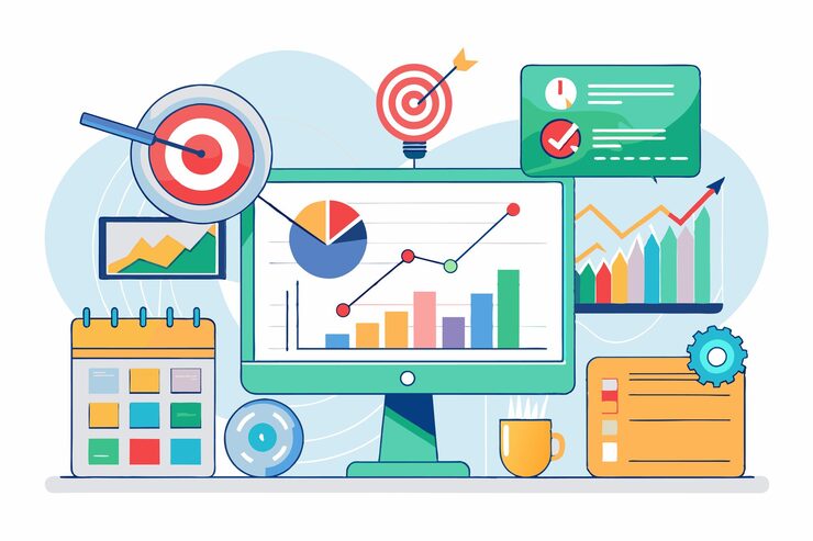 Vector analyzing trading data through visual graphs targets and metrics using a computer setup trading data analysis targets