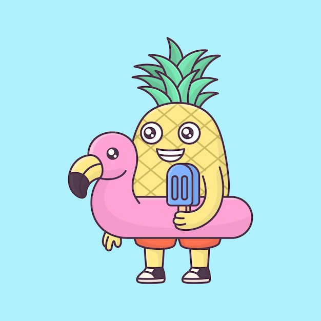 Vector ananas draagt een vlotter en houdt ijs cartoon vector pictogram illustratie fruit vast