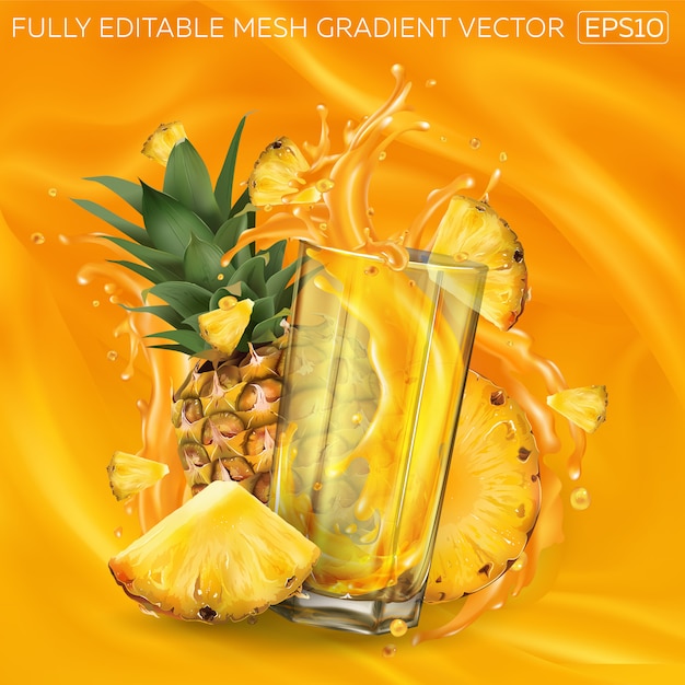 Ananas en een glas spetterend sap op een oranje achtergrond.