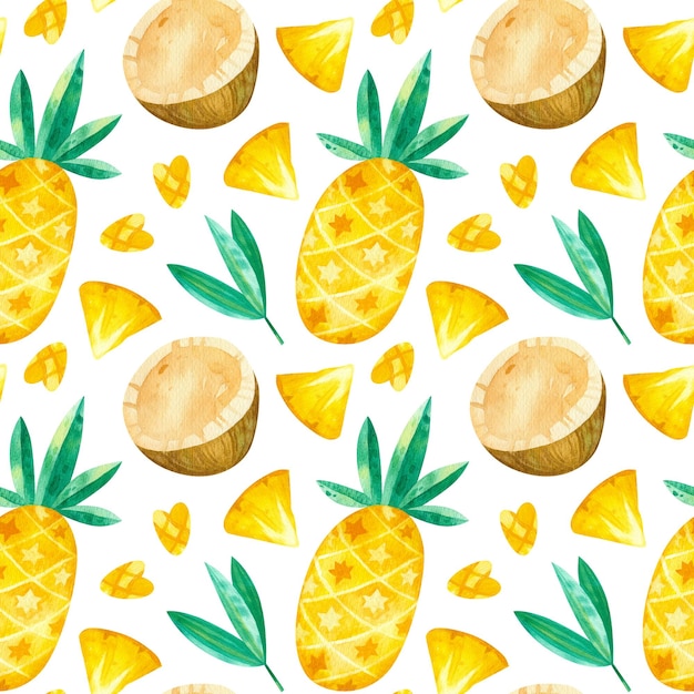 Ananas en kokosnoten naadloos patroon zomerfruit mix aquarel clipart