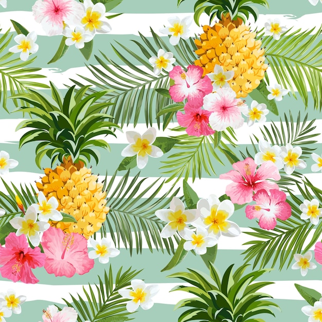 Ananas en tropische bloemen geometrie achtergrond - vintage naadloze patroon