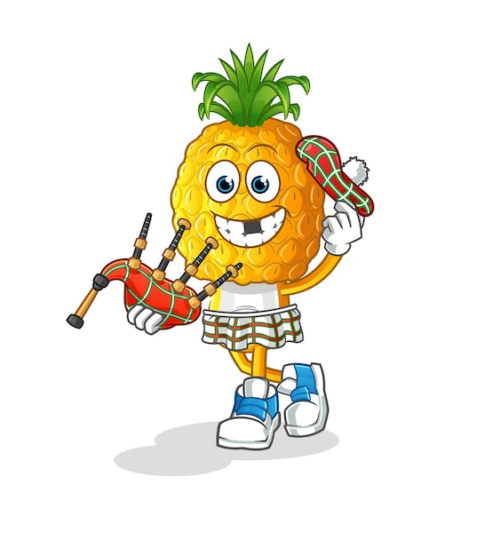 Ananas hoofd cartoon Schots met doedelzak vector stripfiguur