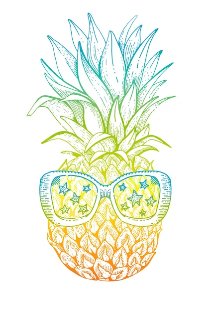 Vector ananas in zonnebril schets vector zomerfruit in glazen koele tropische grappige illustratie