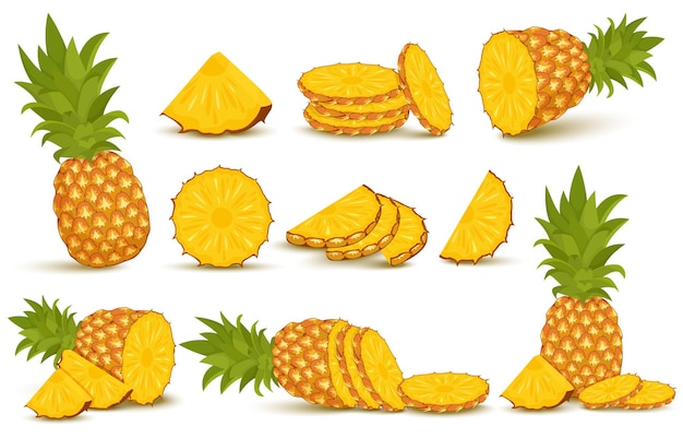 Ananas instellen. Ananas collectie. Hele en gesneden ananas geïsoleerd op een witte achtergrond met uitknippad