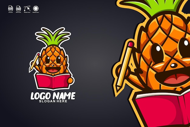 ananas lees boek schattig mascotte karakter logo ontwerp