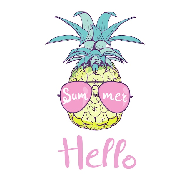 Ananas met glazen ontwerp, exotisch, achtergrond, voedsel, fruit, illustratie natuur ananas tropische zomer.