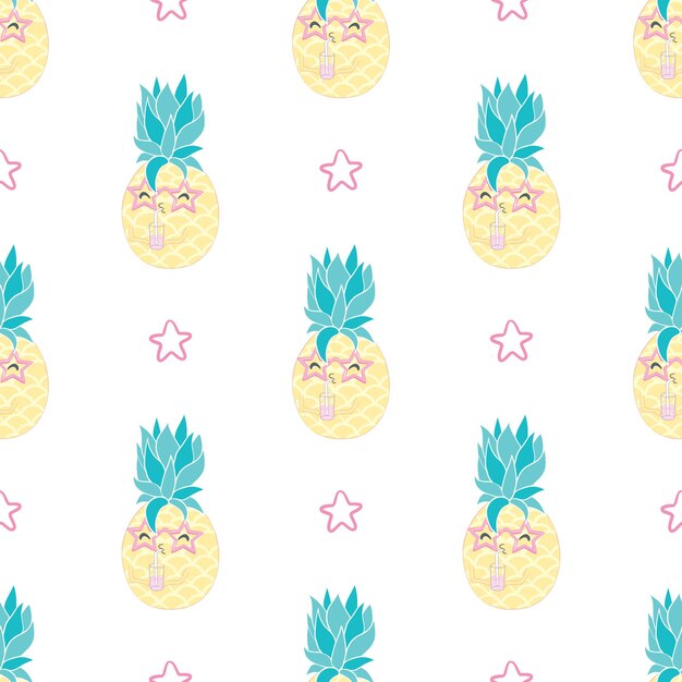 Ananas met zonnebril naadloos patroon op zwart. vectorachtergrond.