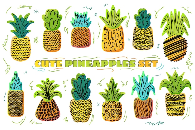 Ananas vector hand getekende illustratie set. tropische vruchten collectie geïsoleerd op wit