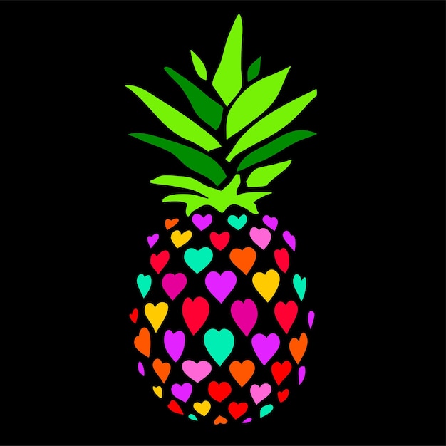 Ananas vectorillustratie Veelkleurige ananas in harten op zwarte achtergrond